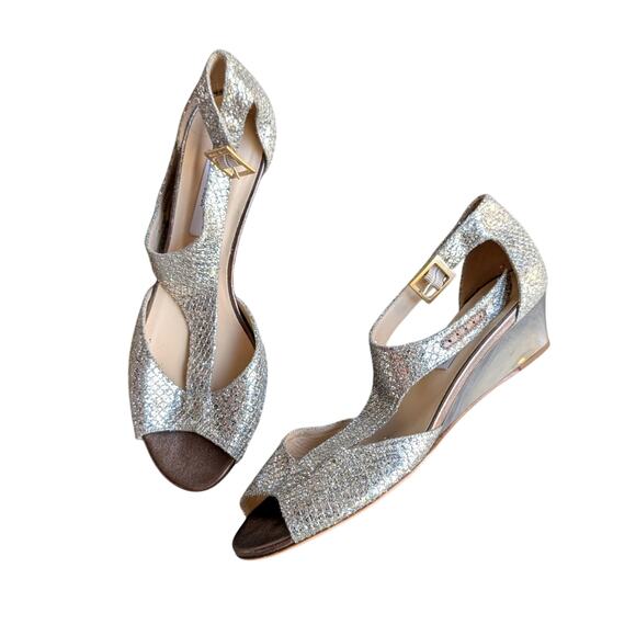 NWOT Jimmy Choo Leather Glitter Sparkle T Strap Wedge Sandals, size EU39.5/US8.5 - Picture 1 of 6